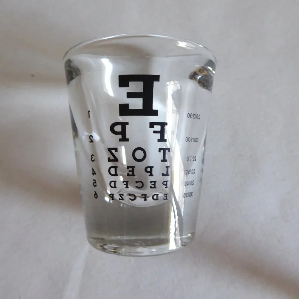 RESTORATION HARDWARE EYE CHART SHOT GLASS SET OF 4 NOVELTY BARWARE